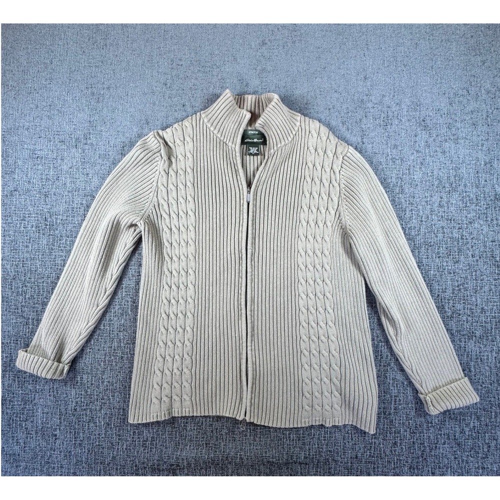 Eddie Bauer Womens XL Tan Cable Knit Full Zip Mock‎ Neck Ribbed Cardigan Sweater